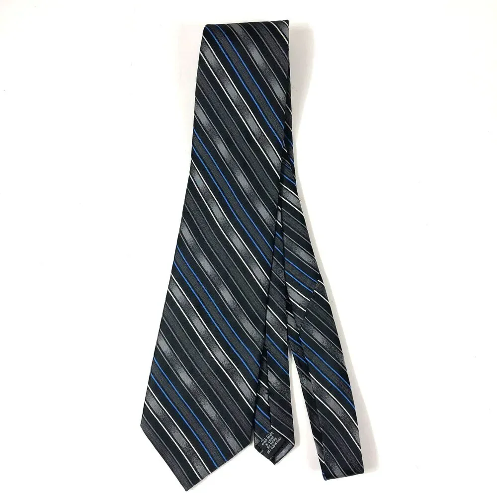 Stafford All Silk Tie Black Grey White Thin Blue Line Diagonal Stripe Long XL